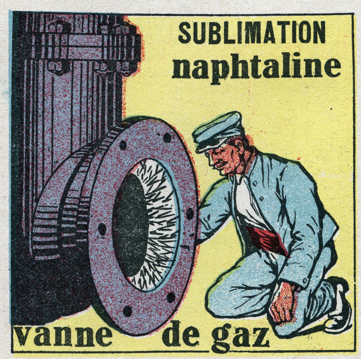 Förändringar i tillstånd: sublimering. Naftalindepå täpper igen en gasventil. Anonym illustration från 1925. Privat samling. av Anonymous Anonymous