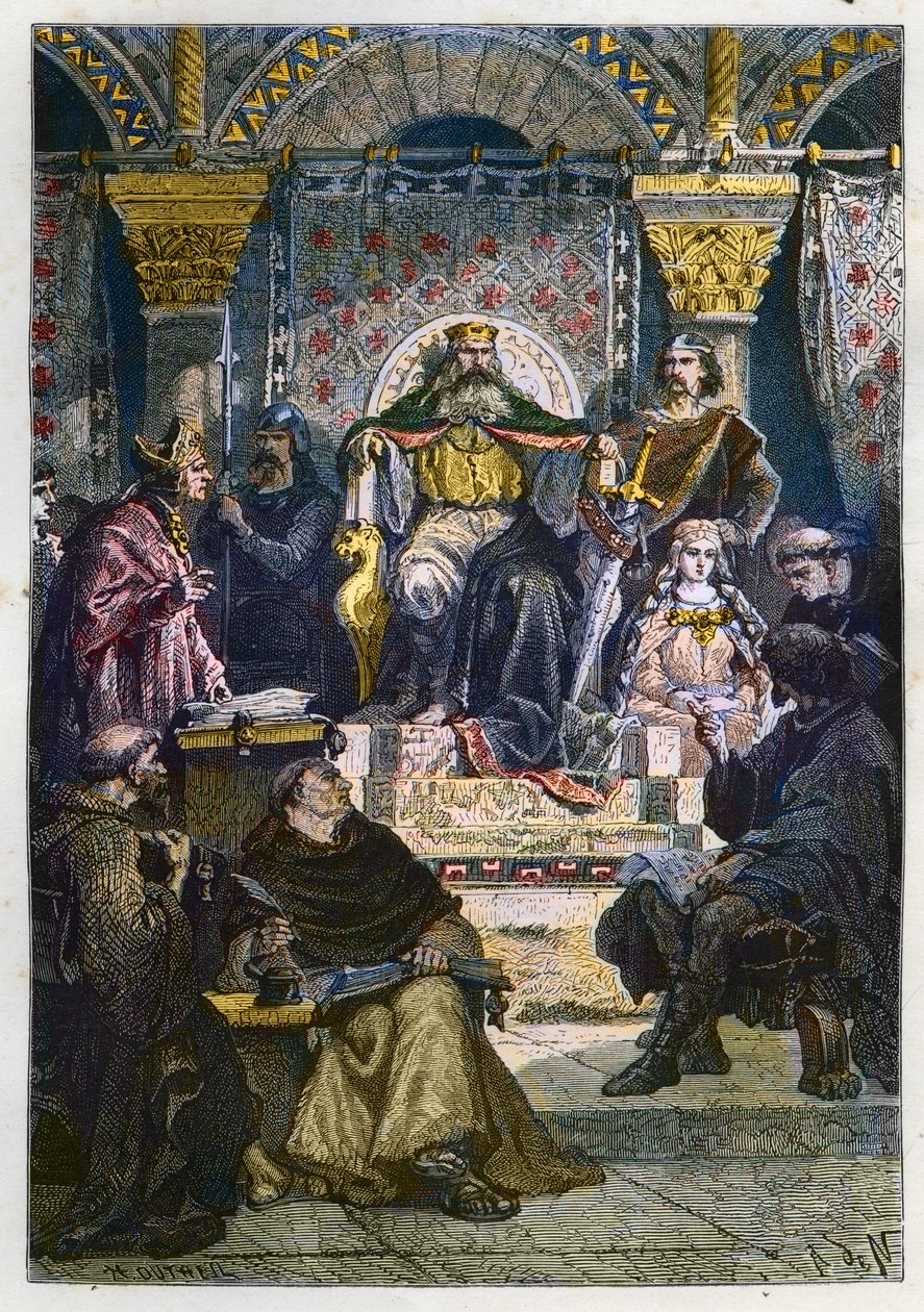 Karl den Store (742 - 814) på sin tron som presiderar över Slottsakademin - Karl den Store (747-814) Frankernas kung och den kristna kejsaren av väst som presiderar över Slottsskolan i Aachen (Aachen) - gravyr från "" L