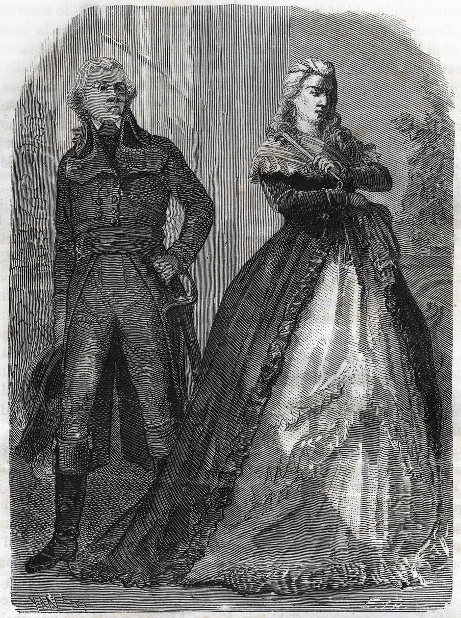 Charles Francois du Perier dit Dumouriez (1739-1823), fransk general med drottning Marie Antoinette (1755-1793). Gravyr från 1866 i "Histoire de la Revolution francaise"" av Adolphe Thiers. Privat samling. av Anonymous Anonymous
