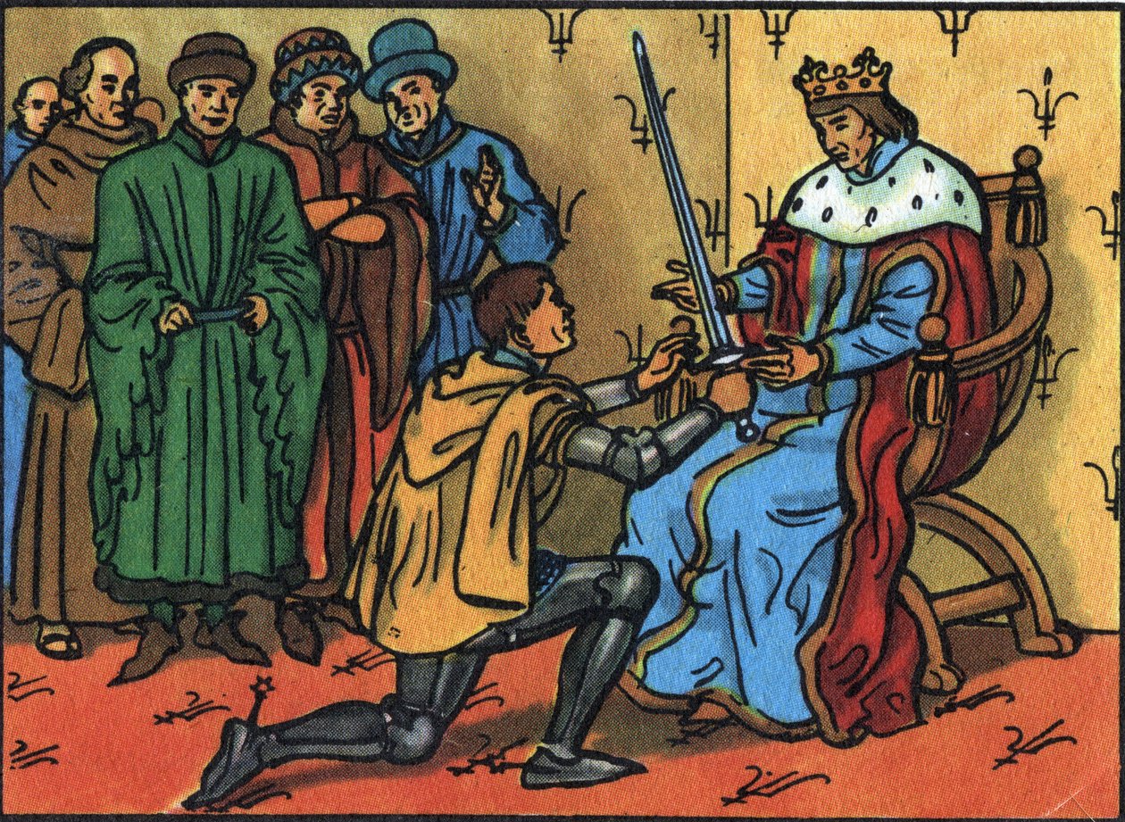 Karl V Den vise (1338-1380) överlämnar högtidligt konstapelns svärd till Bertrand du Guesclin (1320-1380). Anonym illustration i ""Samling av Frankrikes suveräner och statschefer"". 1900-talet. Privat samling. av Anonymous Anonymous