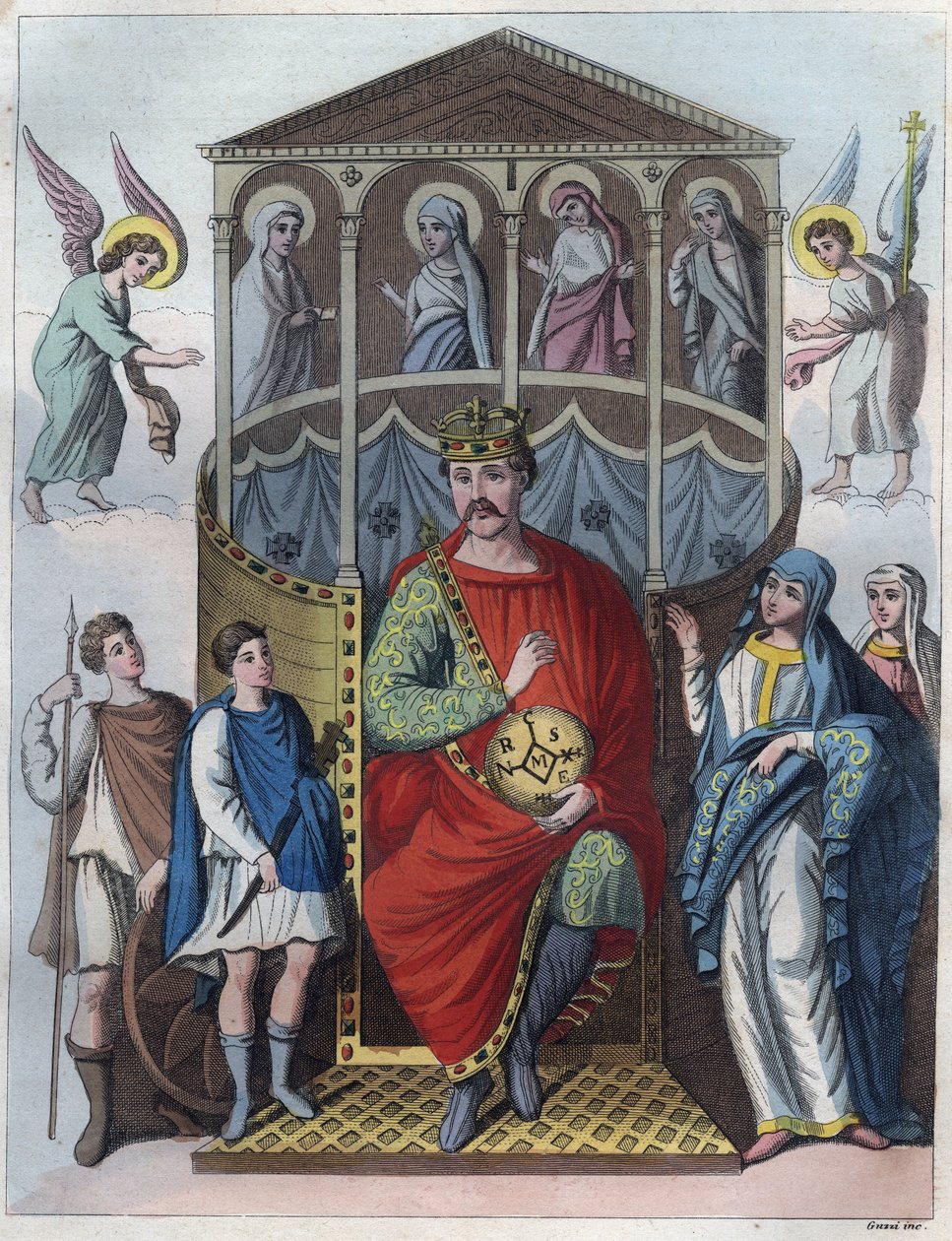 Karl den skallige, kung av västra Frankrike, Italien, och den helige romerske kejsaren, 823 - Porträtt av Karl II den skallige (823 - 877), kung av Frankrike, gravyr från "" Seder och seder hos alla folk i universum. Det är regeringens, lagarnas, milisens  av Anonymous Anonymous