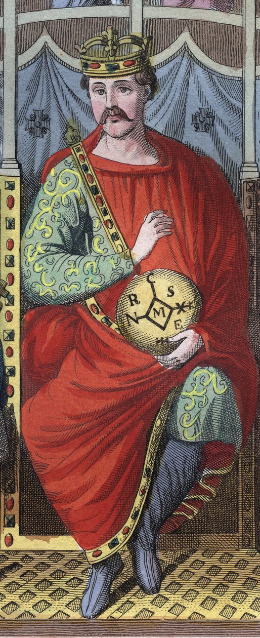Karl den skallige, kung av västra Frankrike, Italien, och den helige romerske kejsaren, 823 - Porträtt av Karl II den skallige (823 - 877), kung av Frankrike, gravyr från "" Seder och seder för alla folk i universum. Det är regeringens, lagarnas, milisens  av Anonymous Anonymous