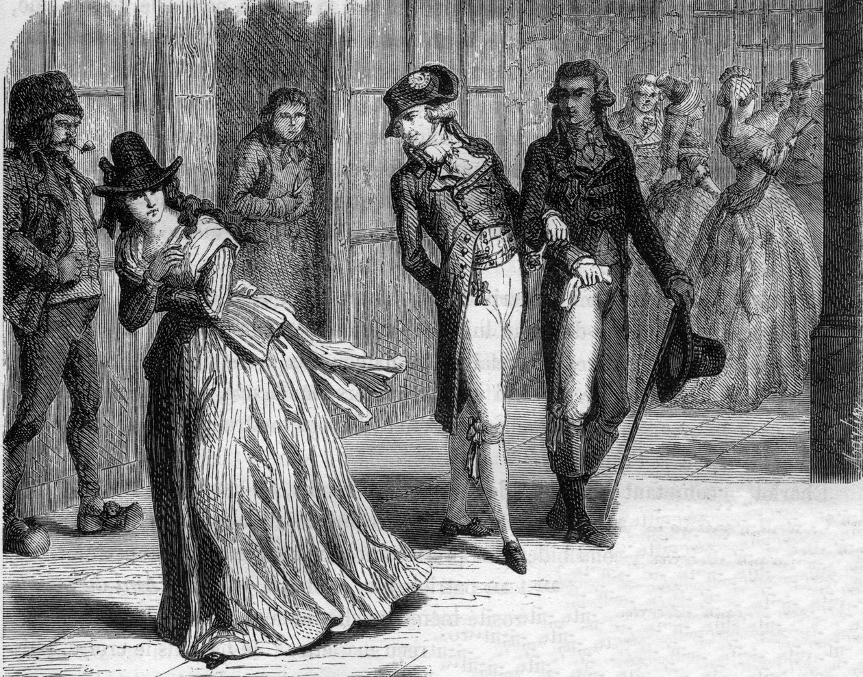 Charlotte Corday hos knivmakaren Badin, under arkaderna i Palais-Royal 1793 - Gravyr i "Histoire des Girondins"" av Alphonse de Lamartine (1790-1869) 1865-1866 - Privat samling av Anonymous Anonymous