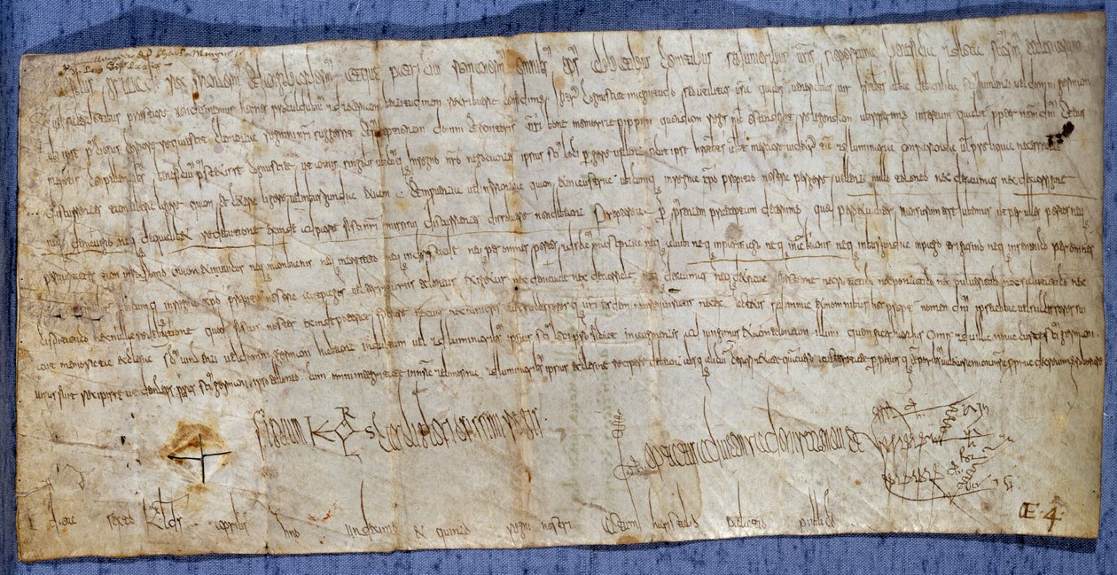 Charter of King Charlemagne (Karl I, Karl den store eller Carolus Magnus) (742-814) som befriar klostret Saint Denis från vägtullar under mässan. Slutet av 800-talet. Paris, Riksarkivet av Anonymous Anonymous