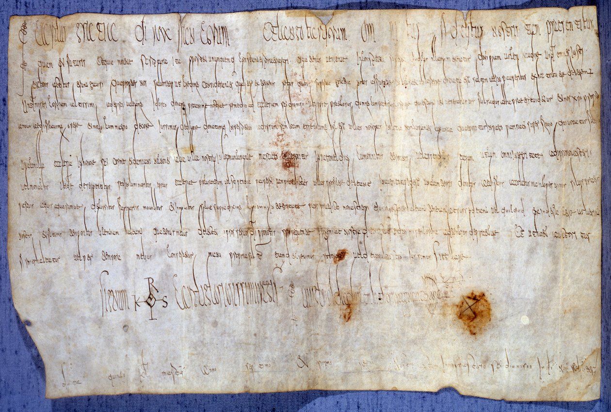 Charter för kung Karl den Store (Karl I, Karl den store eller Carolus Magnus) (742-814) som befriar klostret Saint Germain des Pres från skatt den 27/03/779. Paris, Riksarkivet av Anonymous Anonymous