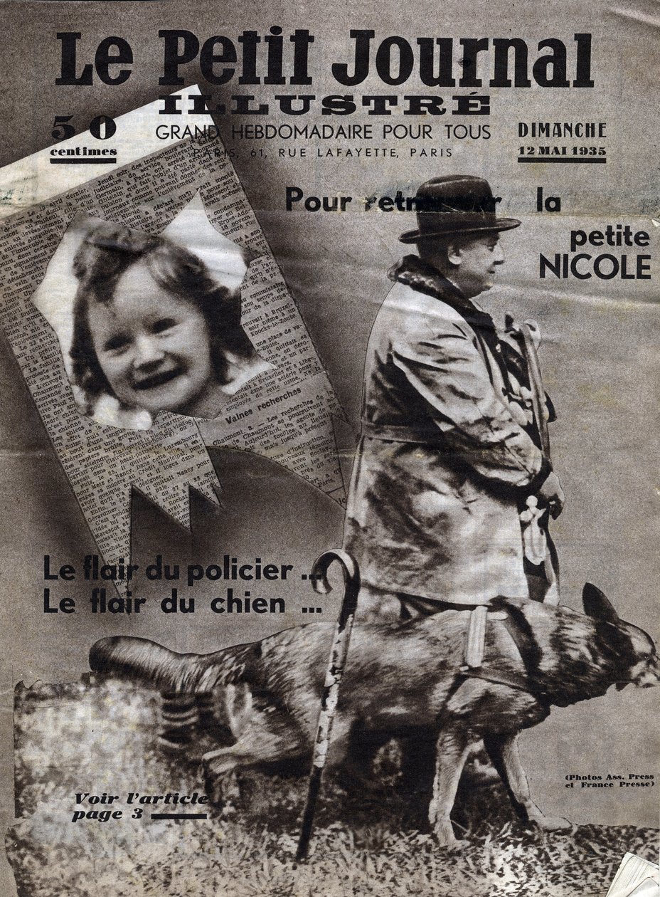 Chaumonts angelägenheter: polishundar tränar för att hitta spåren av försvunna barn (här, flickan Nicole) och banditer. Omslag från "" Le petit journal illustrious"" från 1935-12-05 Samling privee av Anonymous Anonymous