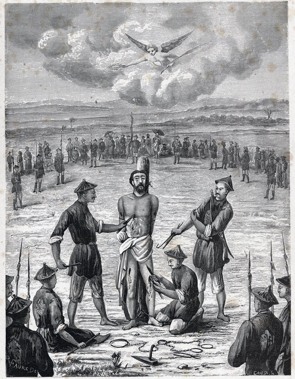 Kristen förföljelse: den franske missionärsprästen Joseph Marchand led "plågan av de hundra såren" i Cochinchina den 30 november 1835. Gravyr i "Les Missions Catholiques au XIXeme Siecle"" av Louis-Eugene (Louis Eugene) Louvet. privat co av Anonymous Anonymous