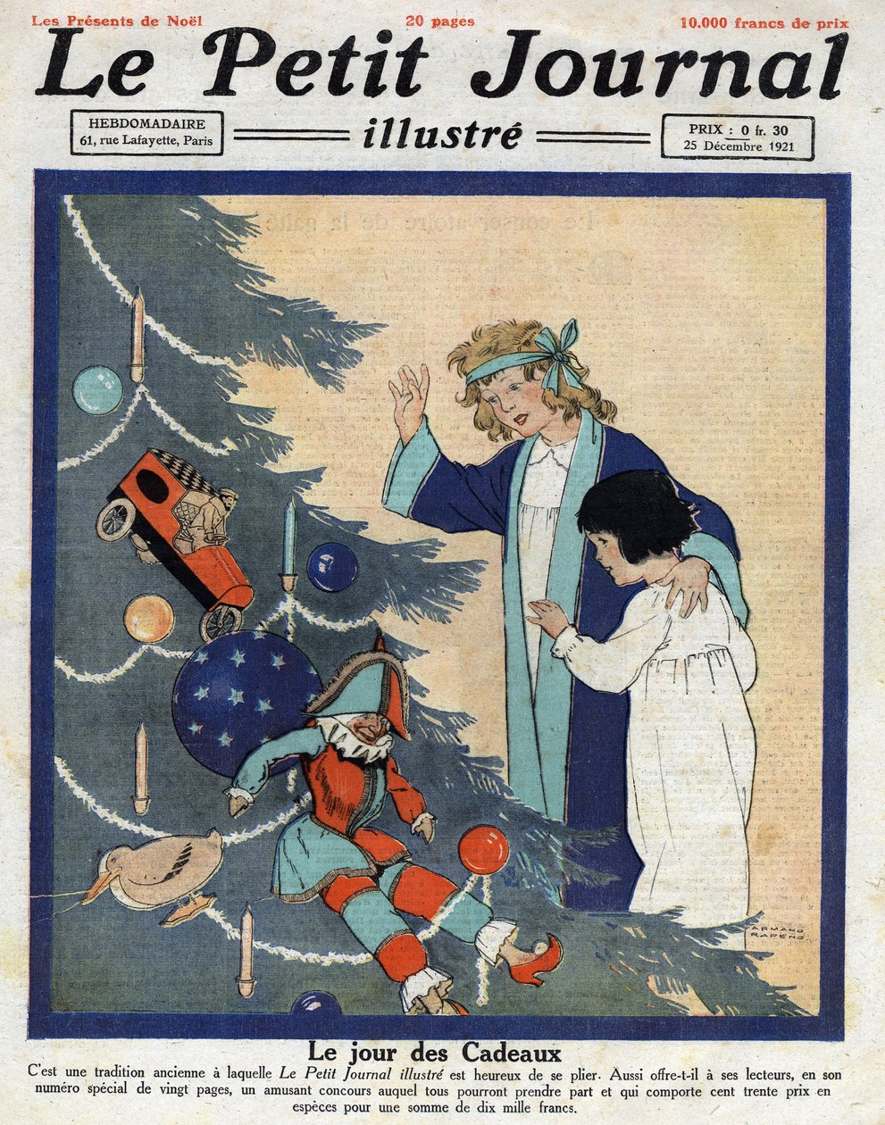 Julfest: barn upptäcker presenter vid foten av granen. Illustration hämtad från "" Le petit journal"" från 1921-12-25 Samling privee av Anonymous Anonymous