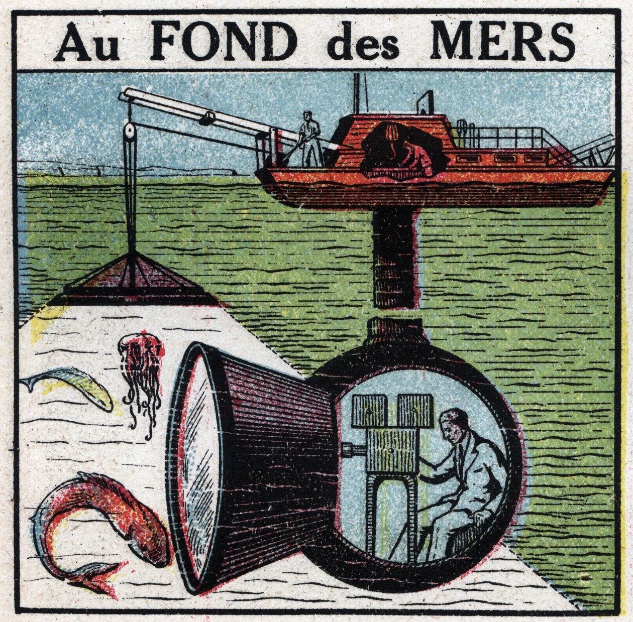 Cinematographer: inspelning av en film på havets botten. Anonym illustration från 1925. Privat samling. av Anonymous Anonymous