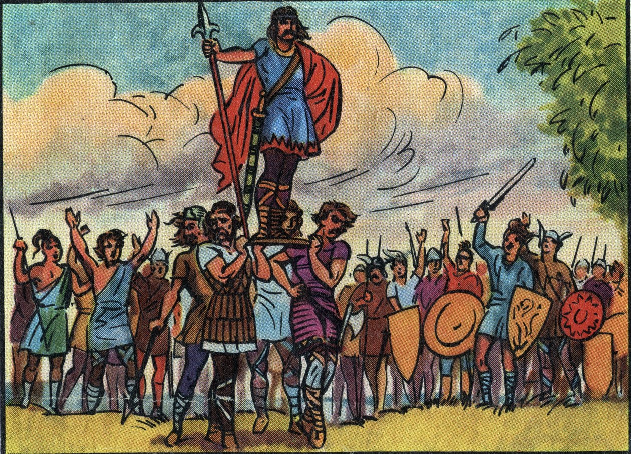 Clovis (frankernas kung från 481 till 511) valdes till kung av salianerna som bar honom på bålverket (skölden) medan de turnerade i lägret. Anonym illustration i "" Collection des souverains et chefs d