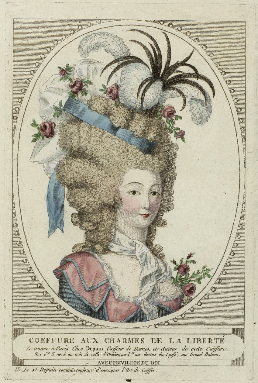 Coiffure Aux Charmes De La Liberte, Anonym. Kopparstick, akvarell, ca. 1790, Privat samling av Anonymous Anonymous