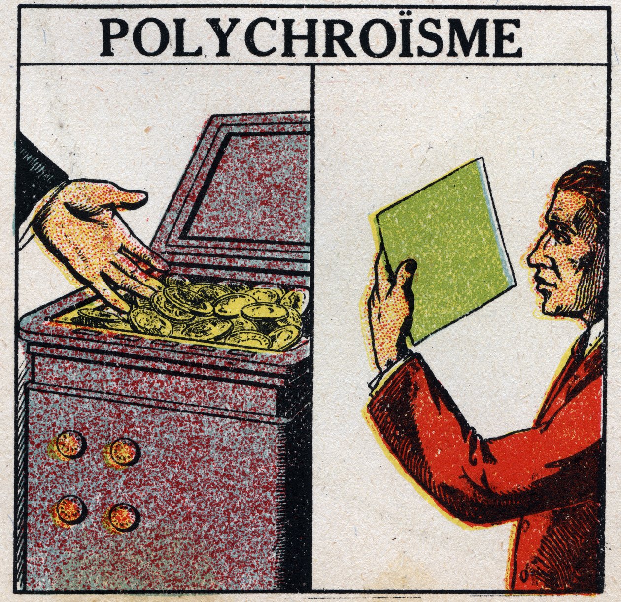 Färger: polykroism. Guldmynt är gula, men tunnskiktsguld är grön till färgen. Anonym illustration från 1925. Privat samling. av Anonymous Anonymous