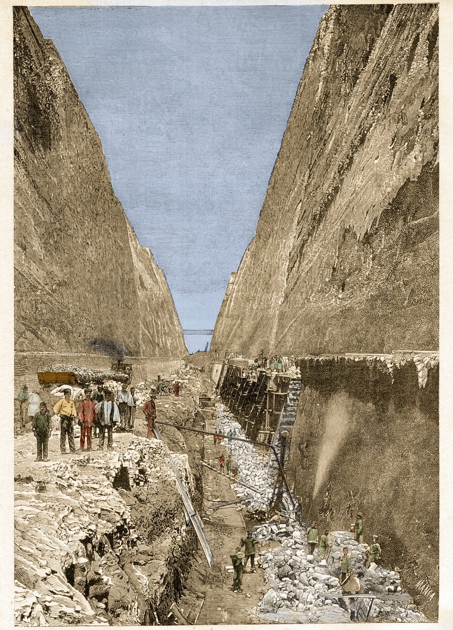 Konstruktion av Korintkanalen 1893 -gravyr - Konstruktion av Korintkanalen. av Anonymous Anonymous