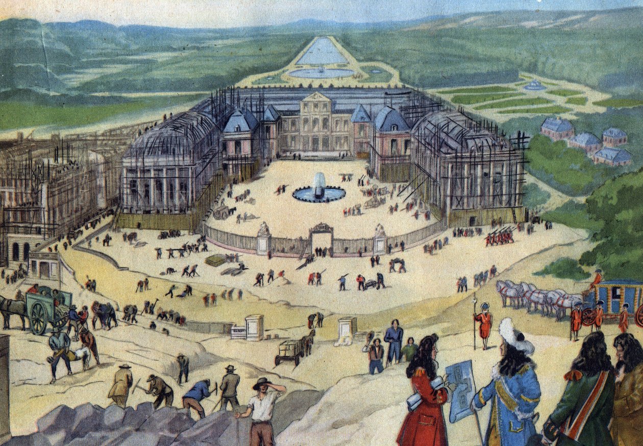 Byggandet av slottet i Versailles 1678 efter planerna från Jules Hardouin Mansart i förgrunden kung Ludvig XIV. av Anonymous Anonymous