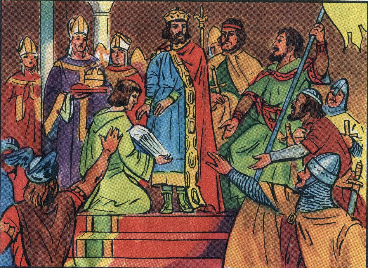 Kröning av Hugues Capet (941-996) i Noyon 987, av Adalberon (ca 925-990), arkevek i Reims. Denna kröning markerade början på Capetians dynastin, kungar av Frankrike som återvann, antingen direkt eller indirekt, under 8 år. Anonym illust av Anonymous Anonymous