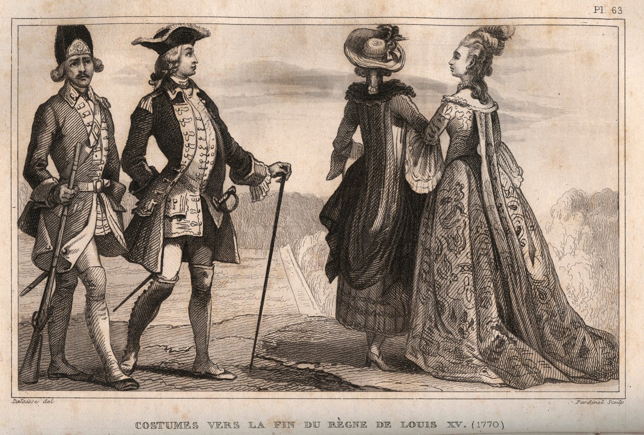 Kostymer mot slutet av kung Ludvig XV:s regeringstid (1770). Gravyr från 1859 i "" Le Monde. Alla folks historia från de mest avlägsna tiderna till våra dagar”. av M. E. de Lostalot-Bachoue (Lostalot Bachoue). Privat samling. av Anonymous Anonymous