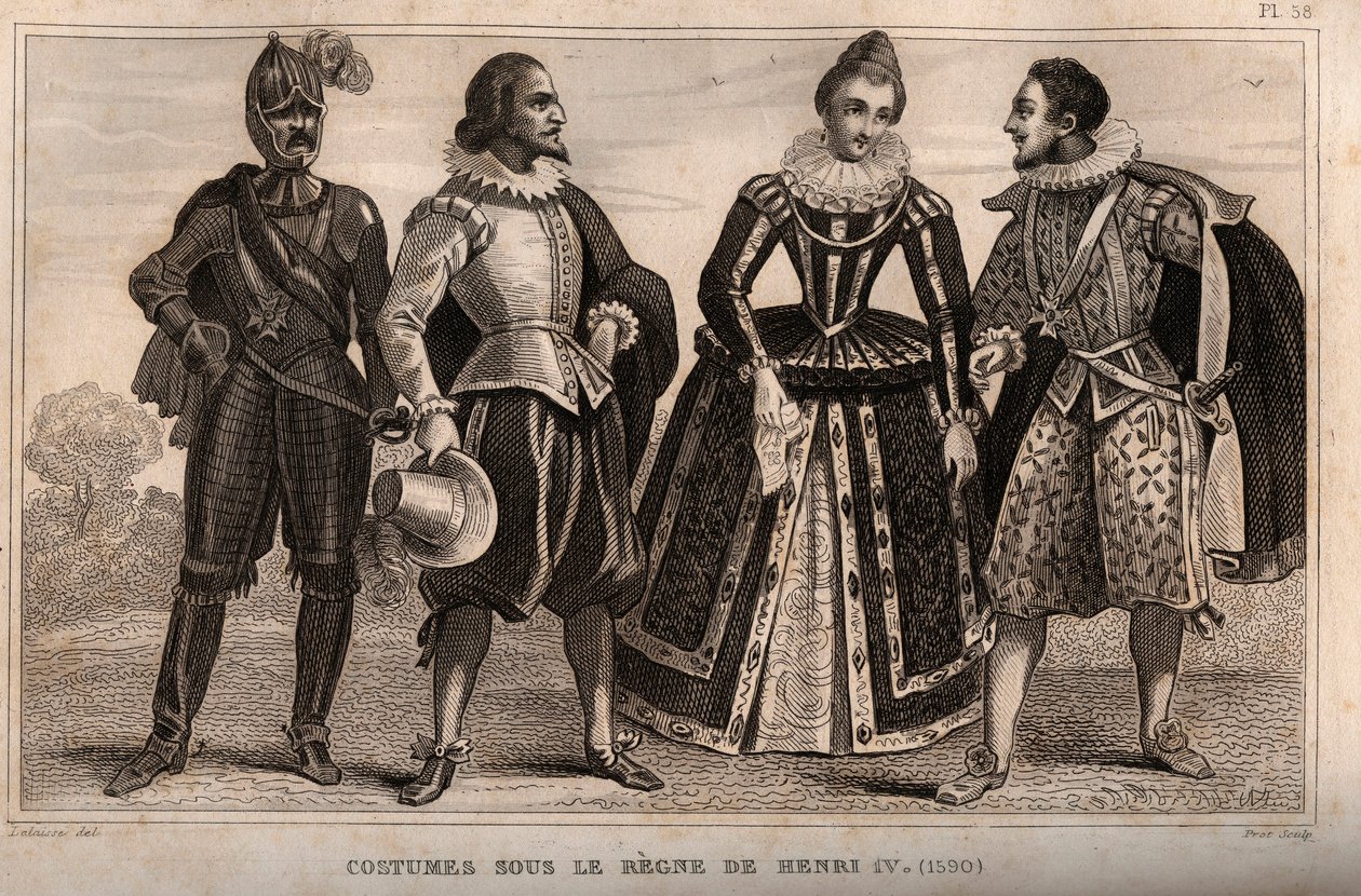 Dräkter under Henrik IV:s styre (1590). Gravyr från 1859 i "" Le Monde. Alla folks historia från de mest avlägsna tiderna till våra dagar”. av M. E. de Lostalot-Bachoue (Lostalot Bachoue). Privat samling. av Anonymous Anonymous