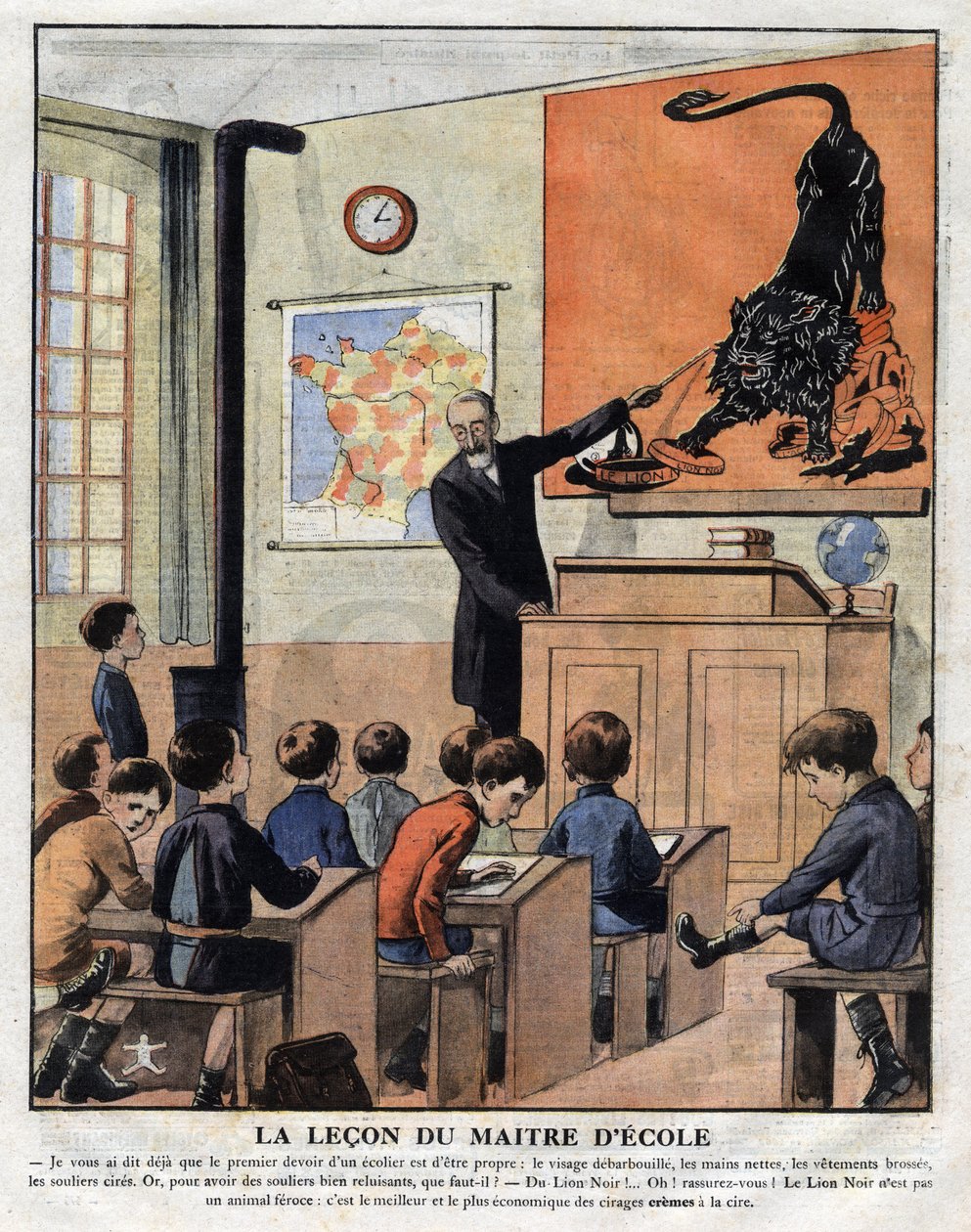 Kurser i gott uppförande i skolan, en lärare lär skolelever hur man använder polish för att få skor att glänsa. Reklamillustration från "" Le petit journal"" från 1925-11-29 Samling privee av Anonymous Anonymous