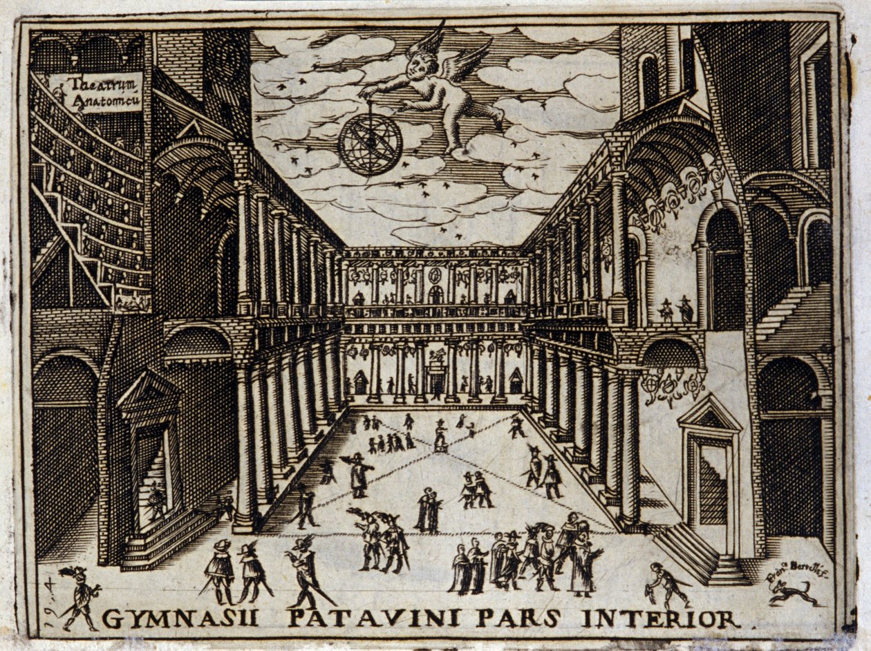 Domstol vid universitetet i Padou (Padova) i Italien på 1600-talet. Anonym gravyr från 1600-talet. Milanese . av Anonymous Anonymous
