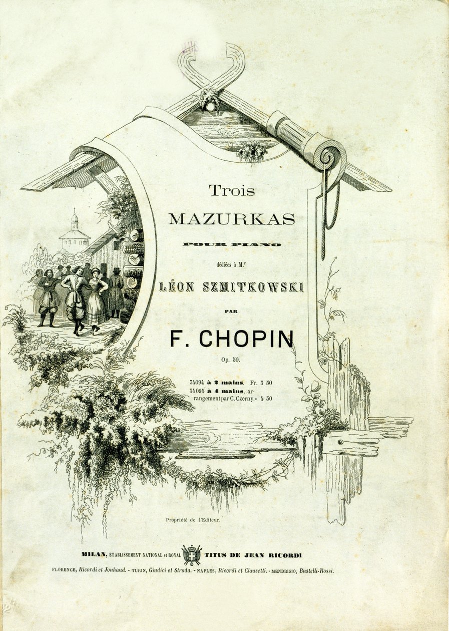 Omslag till "Three mazurkas for piano, Opus 50"" tillägnad Leon Szmitkowski komponerad av Frederic Chopin (1810-1849). av Anonymous Anonymous