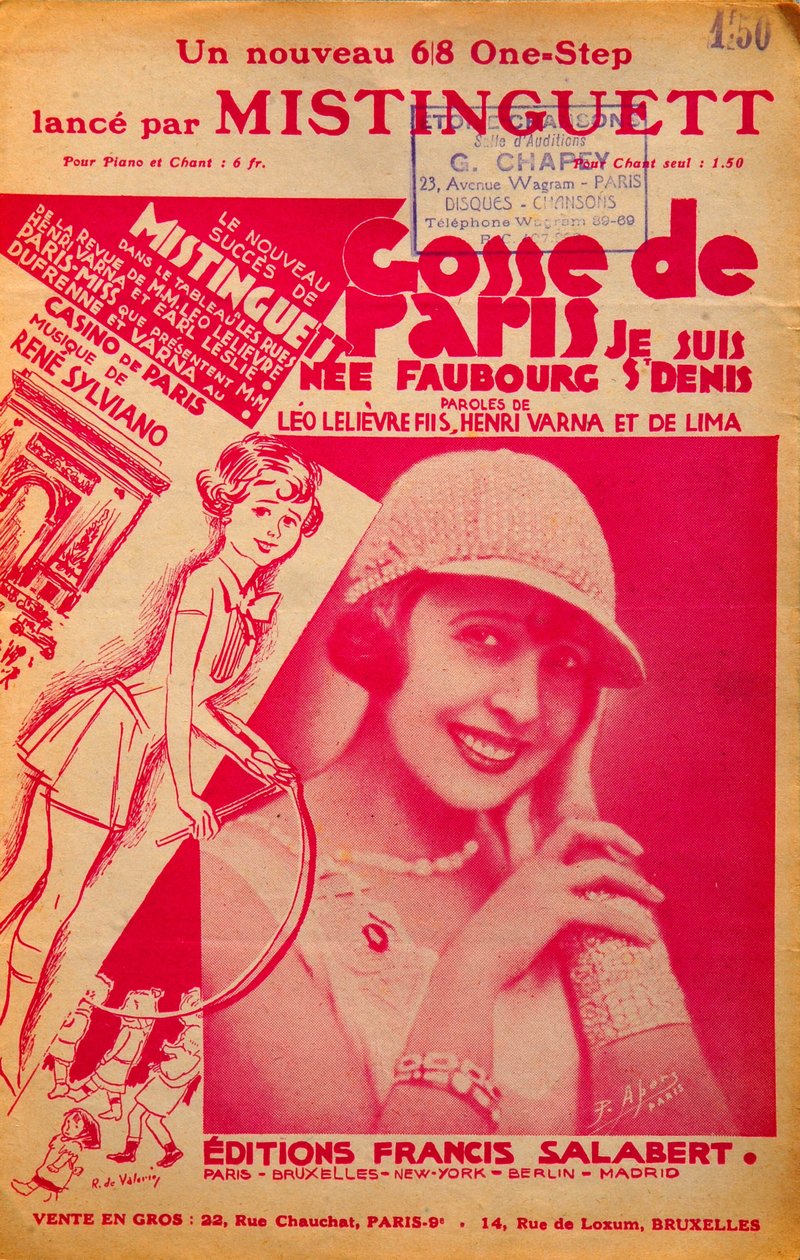 Omslag till partituret "Gosse de Paris"" som sjungs av Mistinguett (Mistinguette) (1875 - 1956), fransk sångare av Anonymous Anonymous