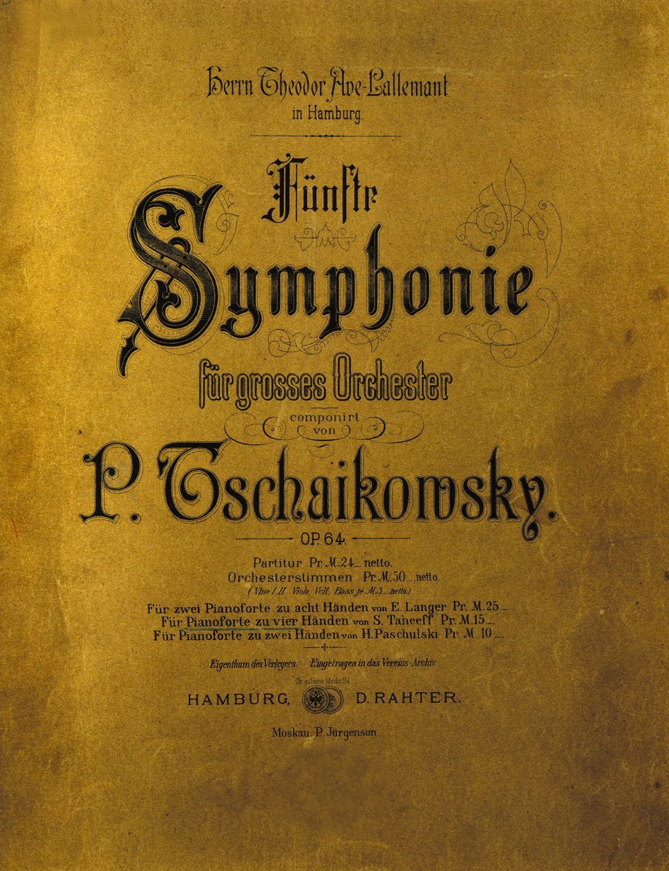 Omslag till partituren till symfonin nr. 5 i e-moll opus 64 av Piotr eller Petr Iljitsj Tjajkovskij (eller Tjajkovskij eller Ciajkovskij eller Tjajkovskij av Anonymous Anonymous