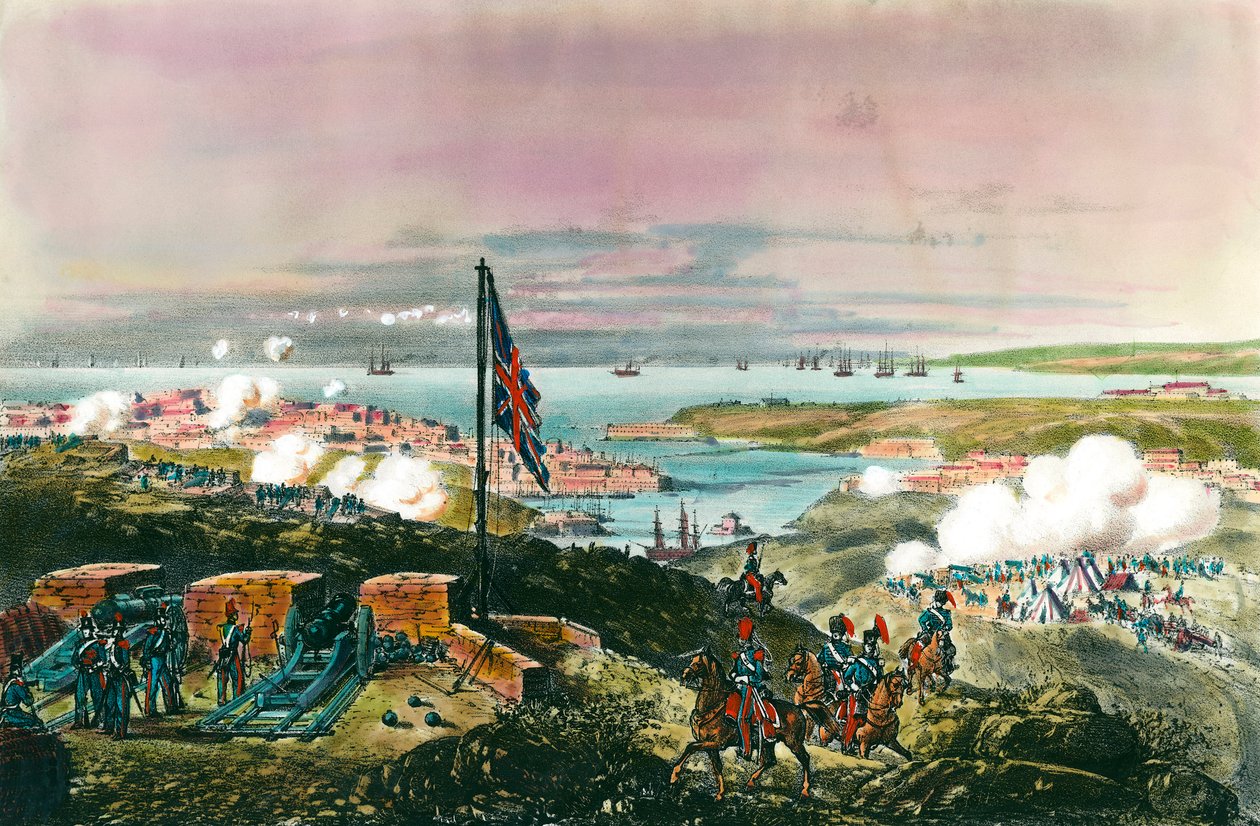 Krimkriget (1853-1856) mellan Ryssland och det osmanska riket: fransmännen och britterna allierade sig med turkarna för att belägra den ryska hamnen Sebastopol från 17 oktober 1854 till 8 september 1855. Utsikt från den engelska fronten. Gravyr av 1800-tal av Anonymous Anonymous