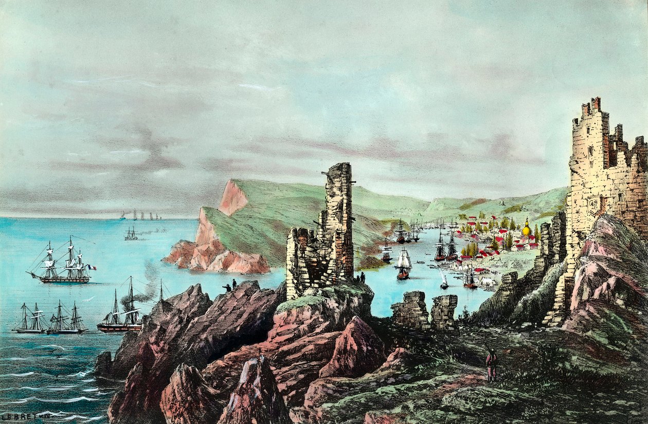 Crimee War: utsikt över hamnen i Balaklava i Crimee. Gravyr omkring 1854-1855. Privat samling av Anonymous Anonymous