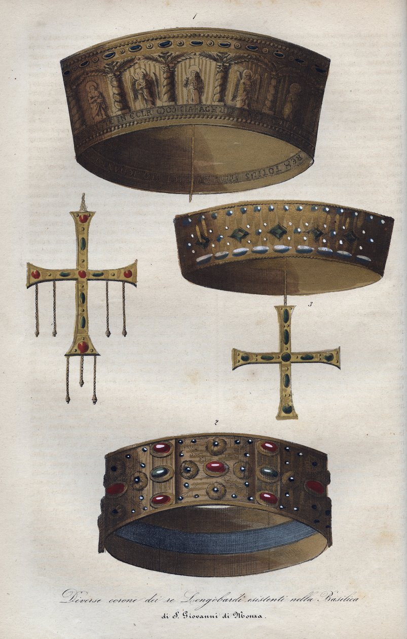 Kronor av Suverians i Lombardriket (568-774), bevarade i basilikan Sankt Johannes av Monza - Olika kronor av de lombardiska kungarna bevarade i basilikan San Giovanni di Monza - gravyr från "" Usi e Costumi di Tutti i i Popoli dell av Anonymous Anonymous