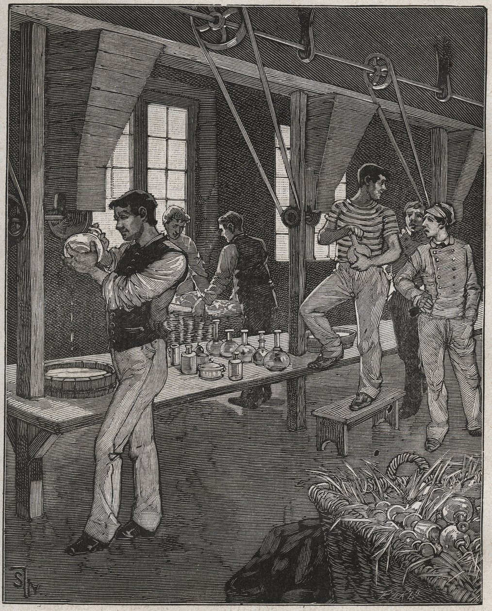 Kristallgravörsverkstad i Frankrike på 1800-talet. Gravyr från 1885 i "" Les arts et metiers illustres"" av Adolphe BITARD. av Anonymous Anonymous