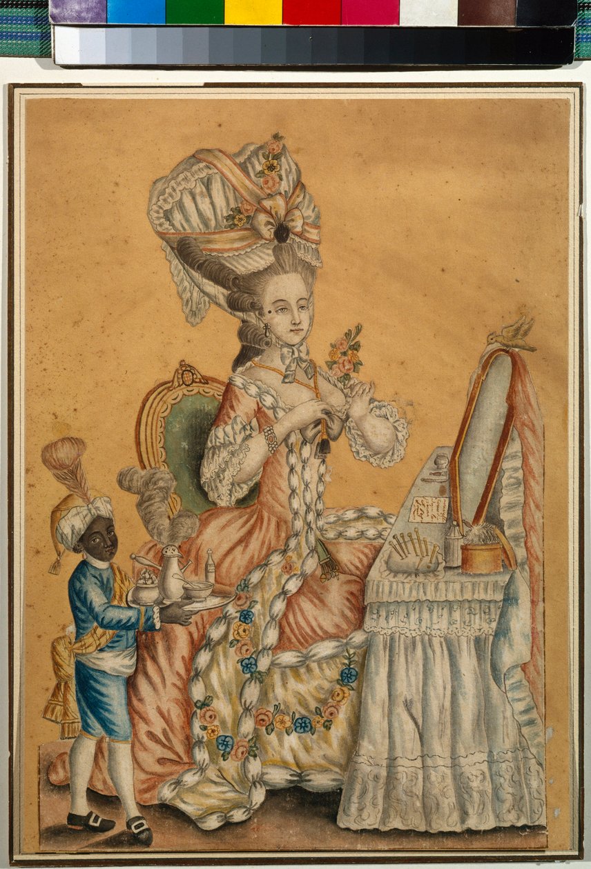 Dam vid en toalett med en svart pojke - Anonymt verk, Akvarell på papper cirka 1770 (29,2 x 21,2 cm) - Tretyakov-galleriet, Moskva av Anonymous Anonymous