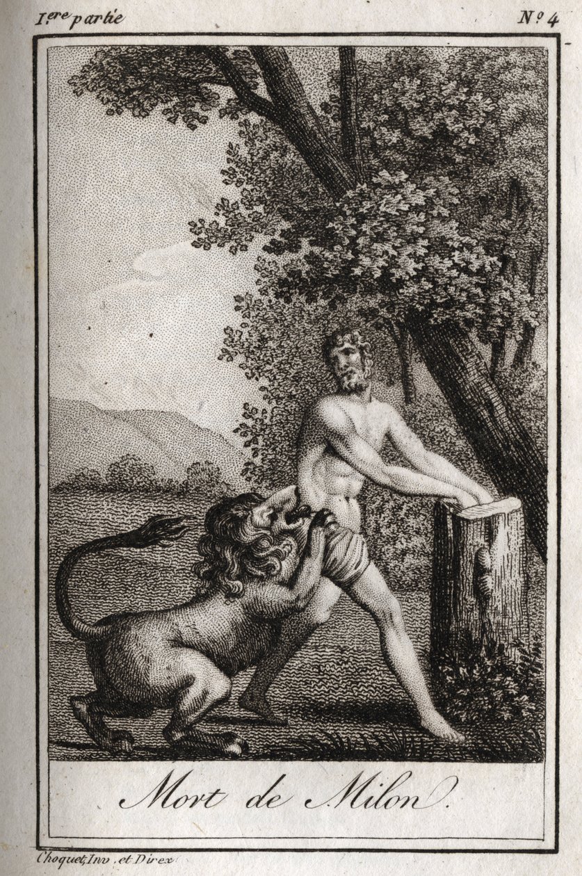 Död av Milon de Crotone (Milo av Croton) förtär av en varg. Gravyr från 1819 i "Lettres a Emilie sur la mythologie" av Charles Albert Demoustier (1760-1801). Privat samling. av Anonymous Anonymous