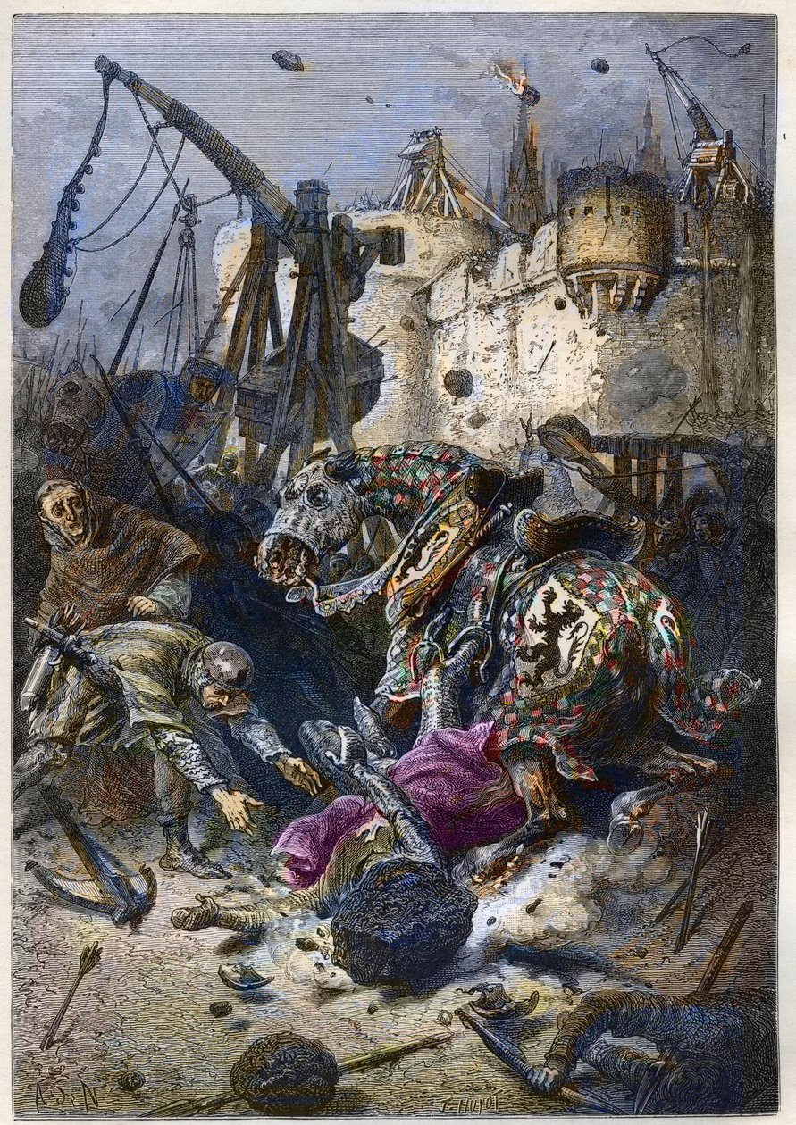 Simon IV av Montforts död (1150-1218) Fransk aristokrat, vid sätet i Toulouse 1218 - Simon de Montforts död under slaget vid Toulouse, 25 juni av Anonymous Anonymous