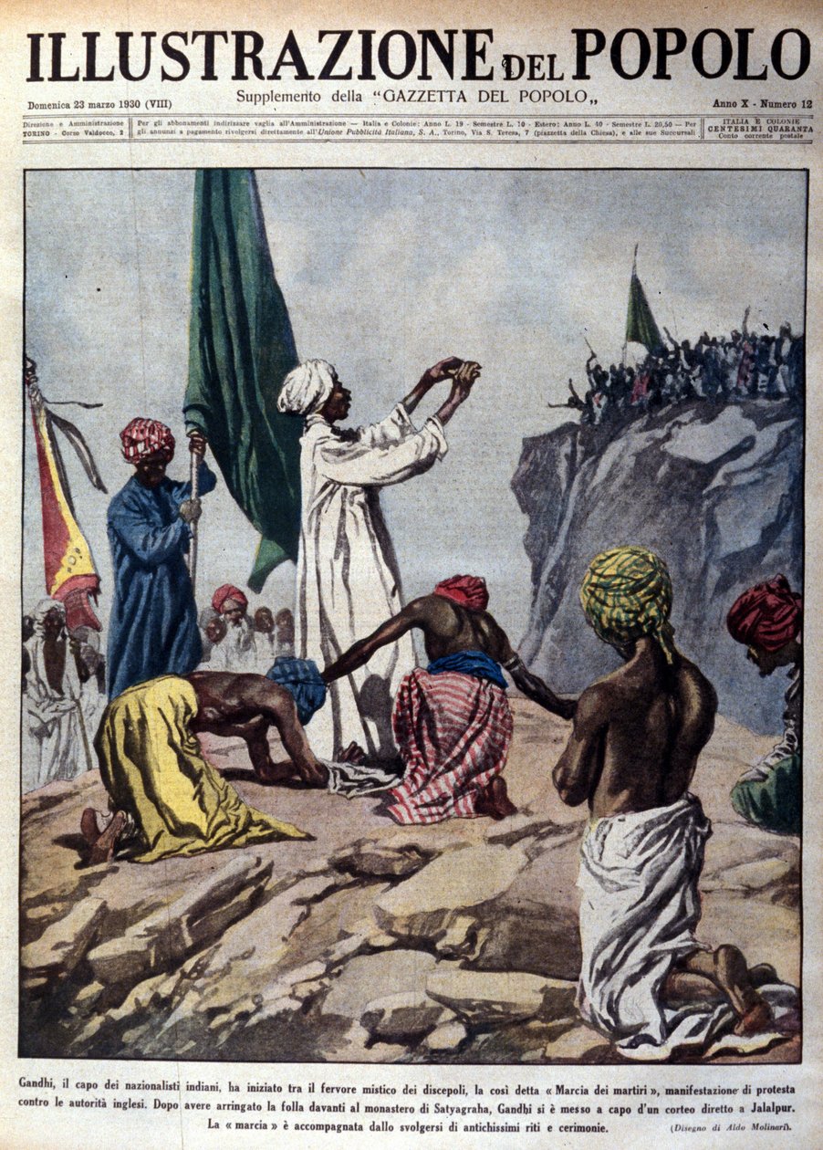 Demonstration ledd av den politiska ledaren Mohandas Karamchand Gandhi (1869-1948) för att protestera mot de engelska myndigheterna, som skildrar en ceremoni under den så kallade Martyrmarschen mot Jalaipur. Illustration hämtad från "" L