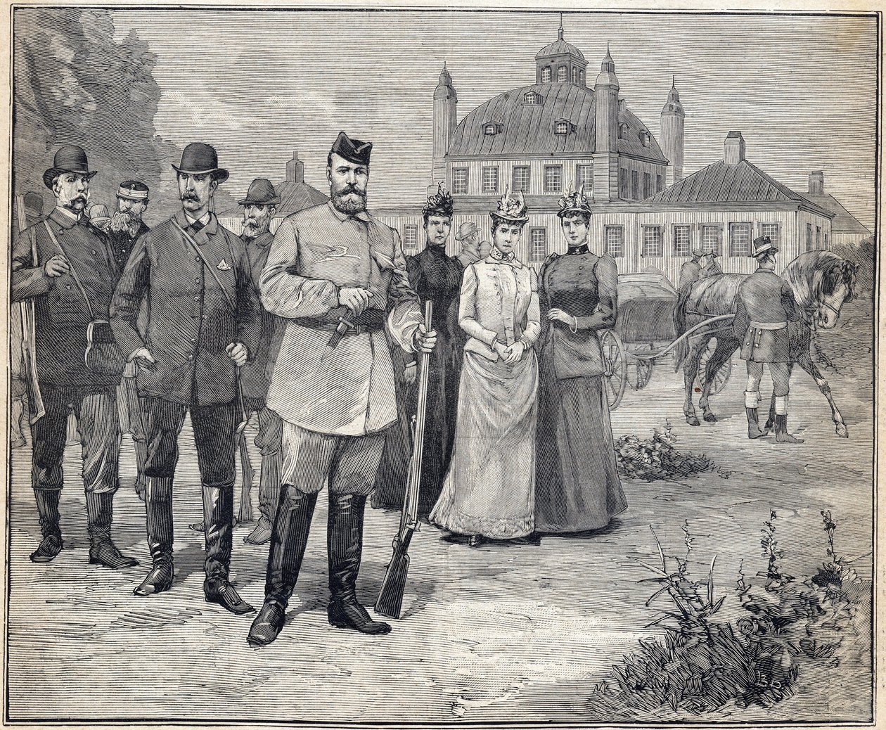 Avgick för att jaga tsar Nikolaj II av Ryssland (1868-1918) i Fredensborg, Danmark. Gravyr i "" Le Petit Parisien"" 1893. av Anonymous Anonymous