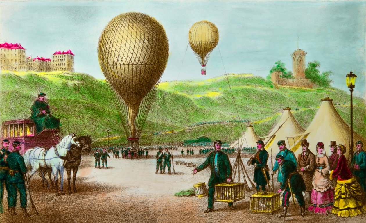 Avgår en ballongpost och passagerarduvor vid belägringen i Paris 1870, Privee Collection av Anonymous Anonymous