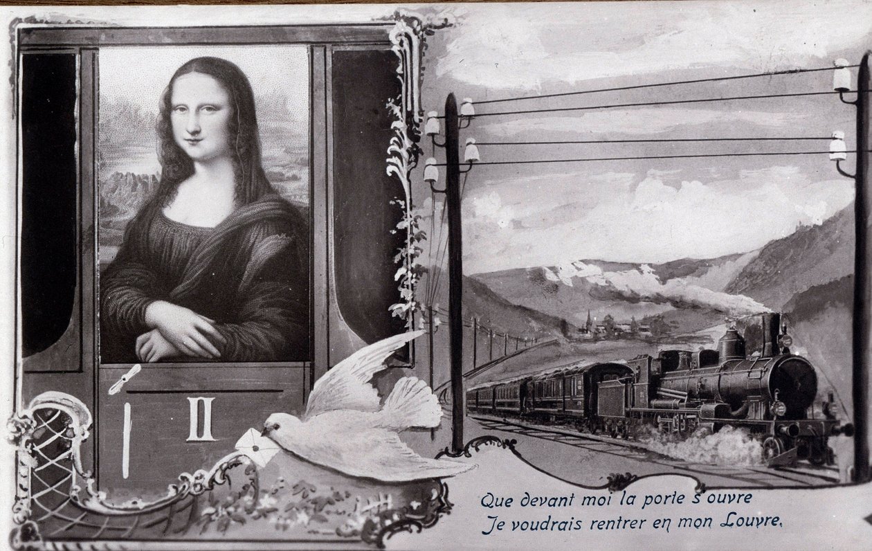 Omvägsrepresentation av "" The Mona Lisa"" (Mona Lisa, Monna Lisa) av Leonard de Vinci (Leonardo da Vinci) (1452-1519):"" Målningen är representerad på ett tåg som vill hitta sitt museum. Komedivykort redigerat vid tiden för stölden av verket av av Anonymous Anonymous