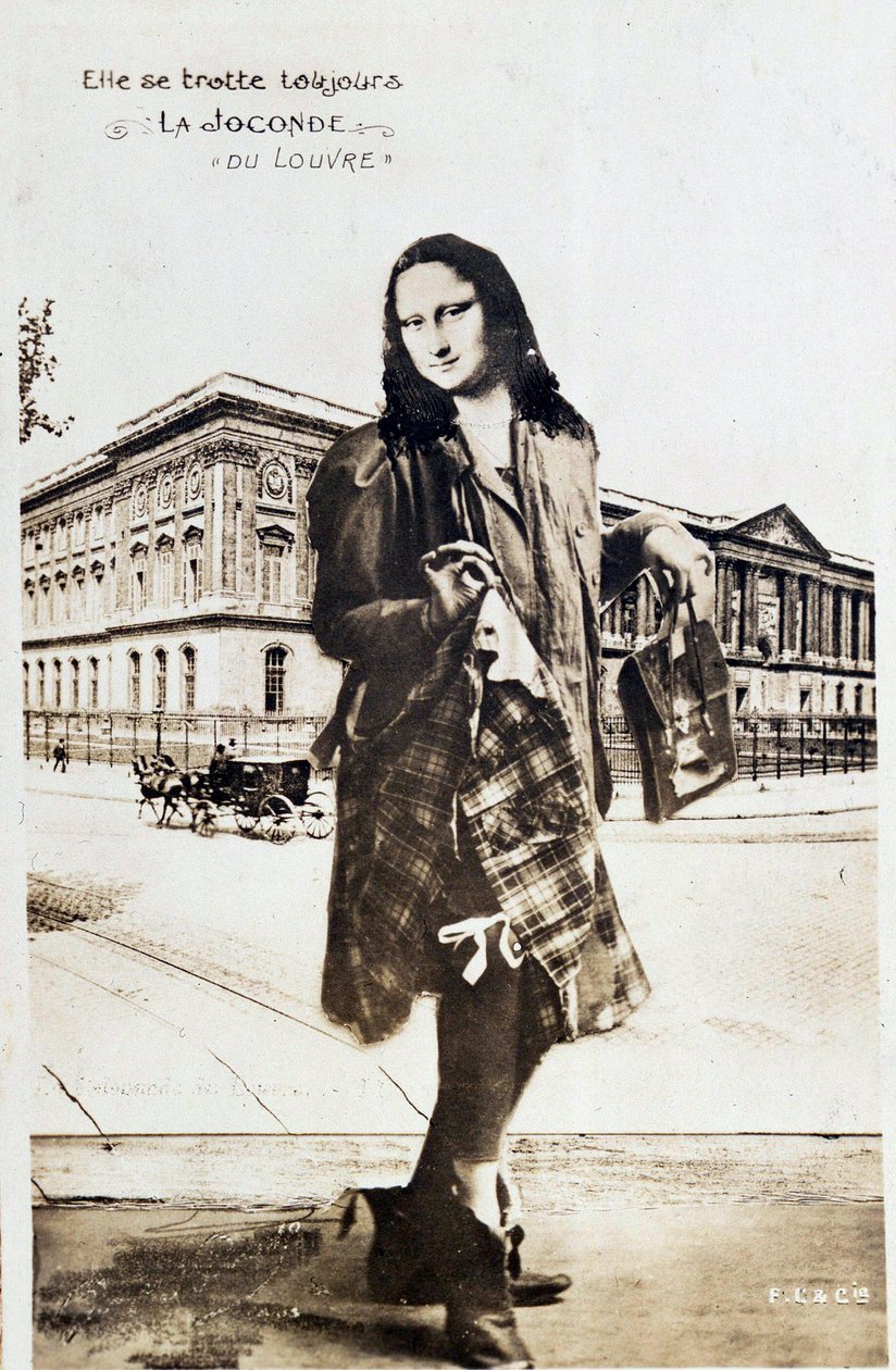 Omvägsrepresentation av "The Mona Lisa" av Leonard de Vinci (Leonardo da Vinci) (1452-1519): Mona Lisa (Monna Lisa) representerad i en rutig kjol som reser runt i världen. Komedivykort redigerat vid tiden för stölden av verket av Vincenzo Peruggi av Anonymous Anonymous