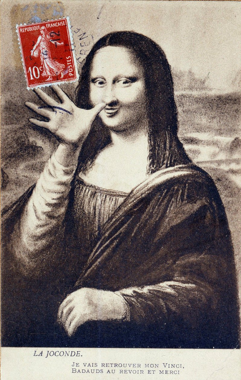 Omvägsrepresentation av "" The Mona Lisa"" av Leonardo da Vinci (Leonardo da Vinci) (1452-1519): Mona Lisa (Monna Lisa) hälsning för att beteckna hennes avresa för att hitta hennes "" Vinci"". Komedivykort redigerat på tiden för stölden av verket av Vincen av Anonymous Anonymous
