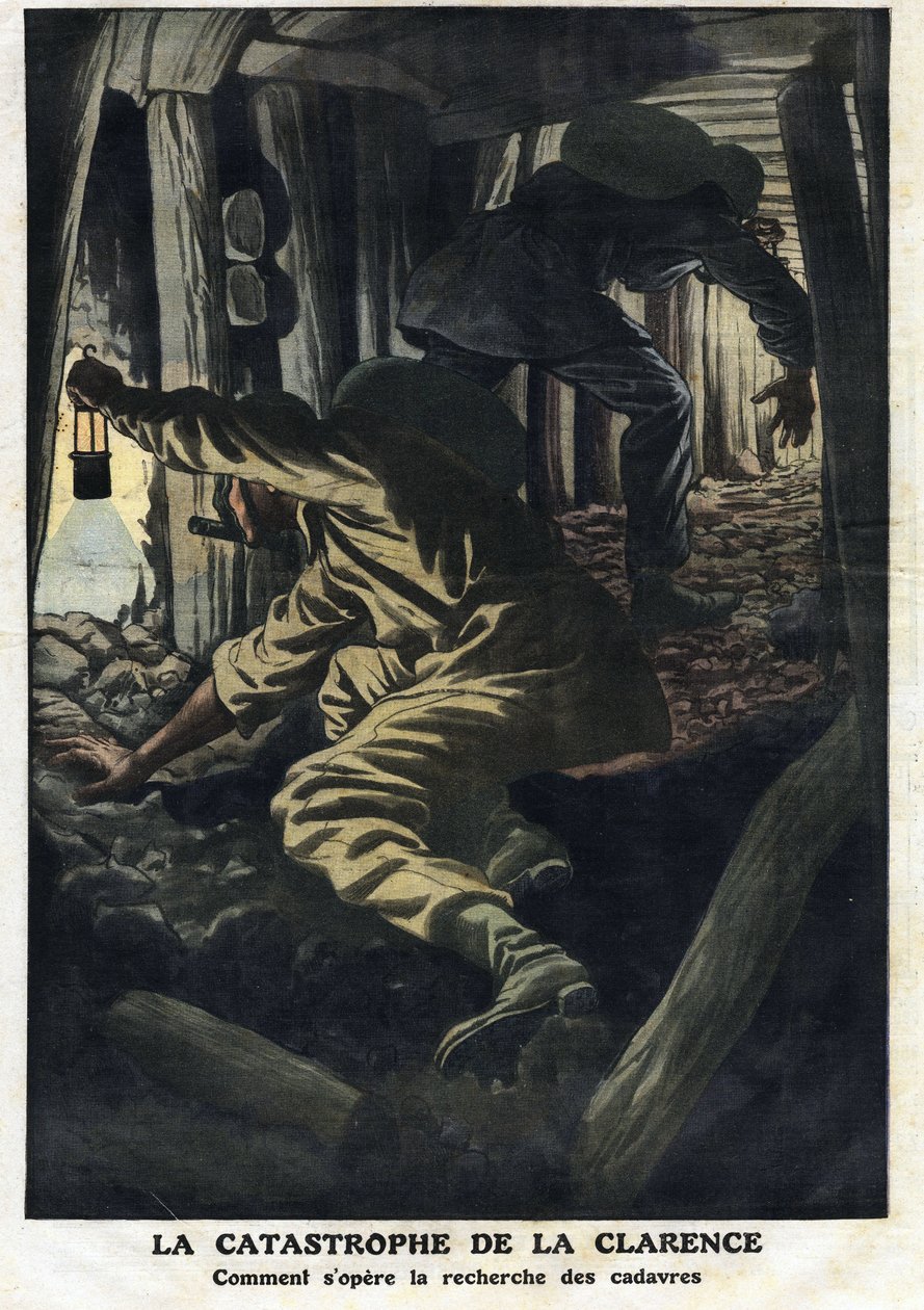 Katastrof i Clarence-gruvan (Nord pas de calais): räddningsinsatser försöker återställa kropparna av offren för brandgasexplosionen. Illustration hämtad från "" Le Petite Journal"" 1912-09-22 Privat samling. av Anonymous Anonymous