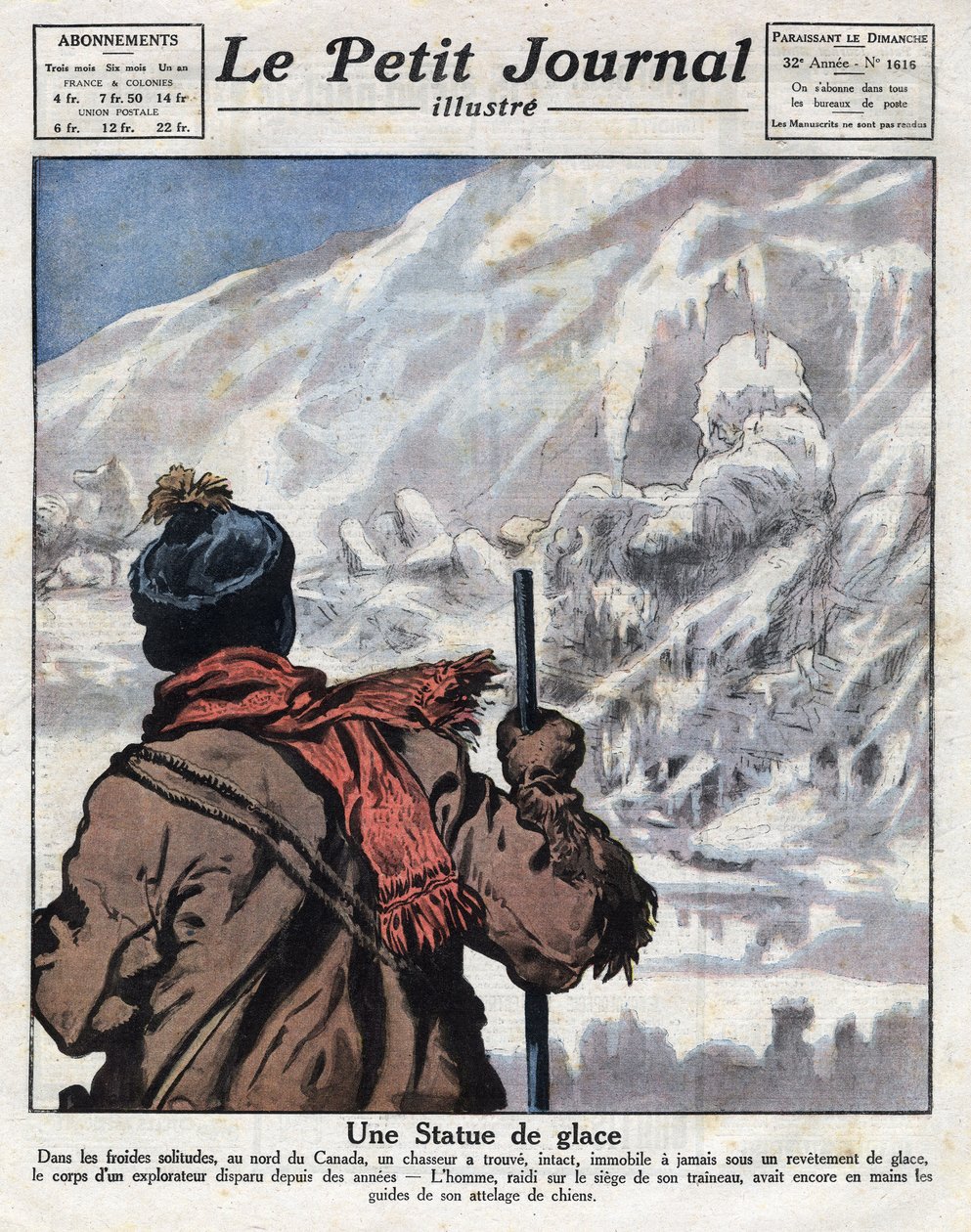 Upptäckt från kroppen av en upptäcktsresande i isen i Kanada, försvann i flera år. Illustration tagen från "" Le petit journal"" från 1921-12-11 Samling privee av Anonymous Anonymous