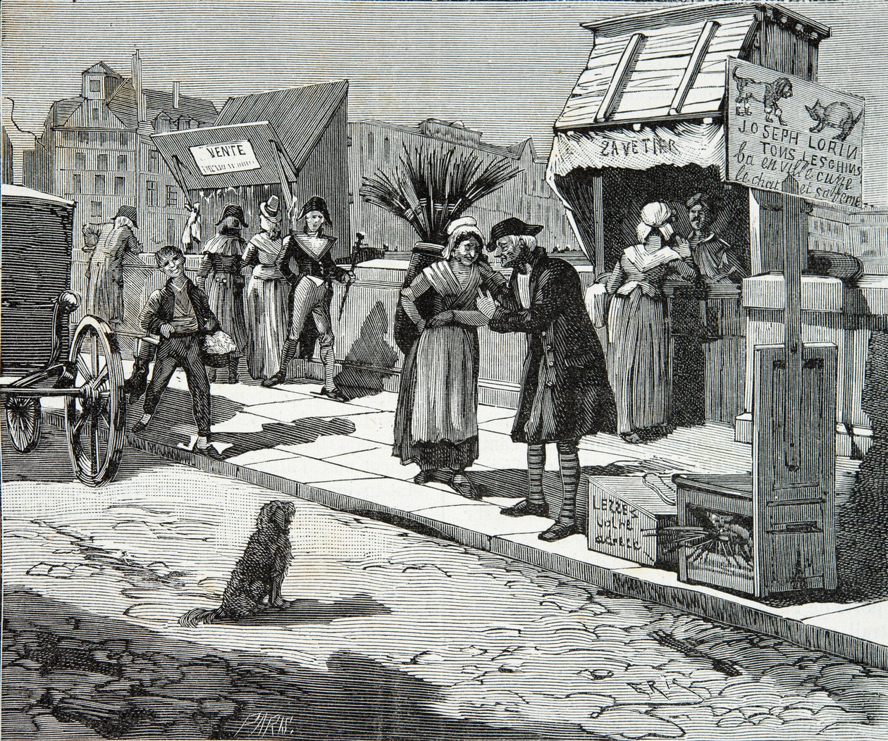 Hundtrimmare på bron nio i Paris omkring 1796, Gravyr, Privat samling av Anonymous Anonymous
