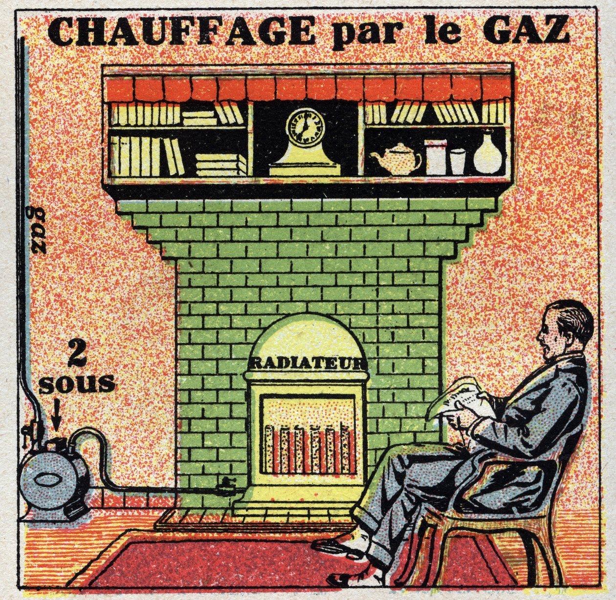 Hushållsuppvärmning: gasuppvärmning. Anonym illustration från 1925. Privat samling. av Anonymous Anonymous