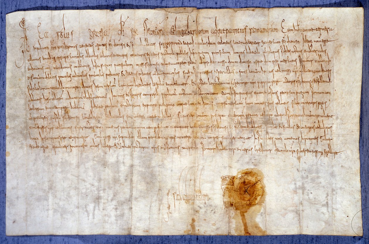 Donation av kung Karl den Store (Karl I, Karl den store eller Carolus Magnus) (742-814) från Luzarches och Mussys domäner till klostret Saint Denis den 25/02/775. Paris, Riksarkivet av Anonymous Anonymous