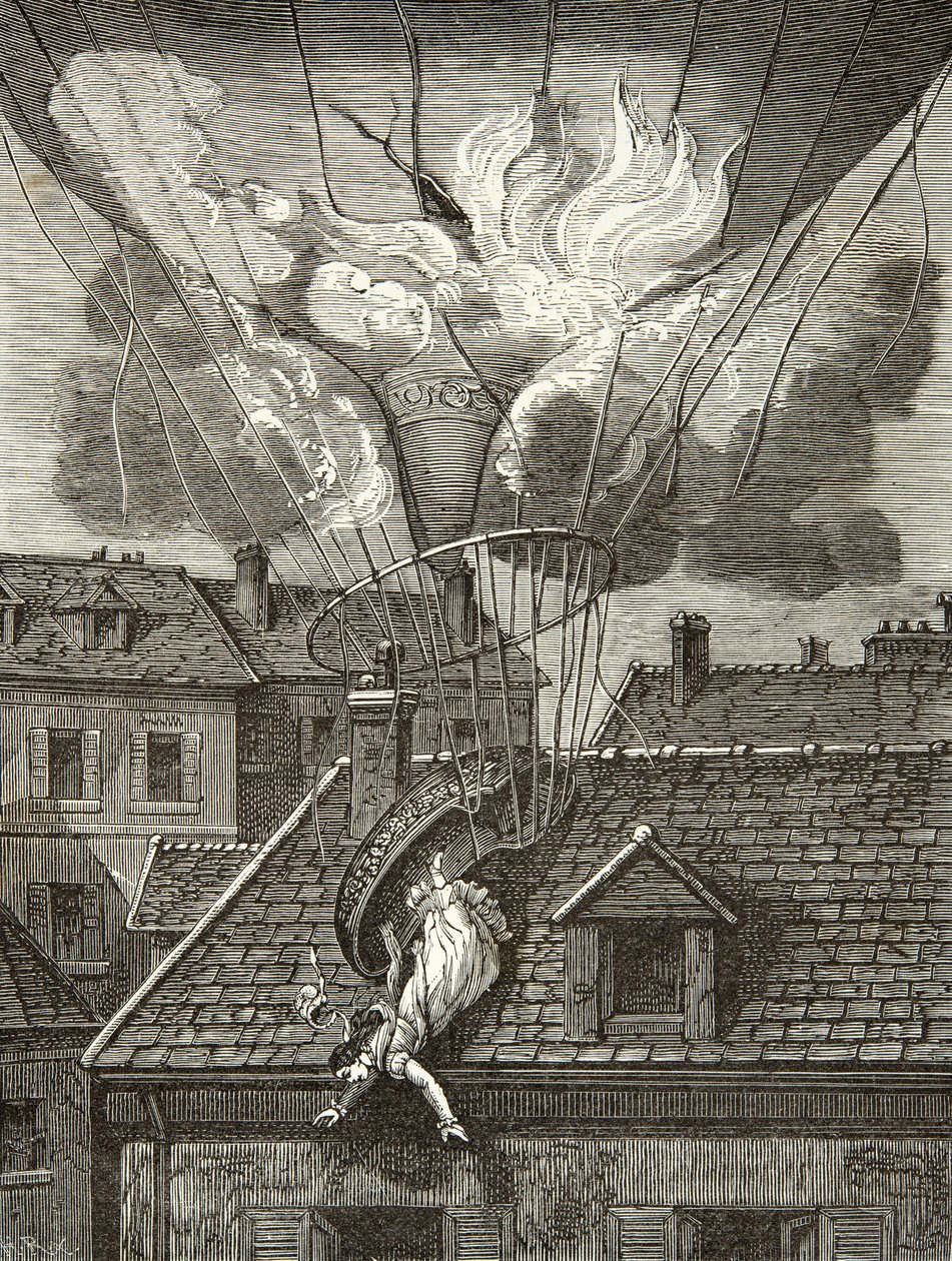 Dramatisk död av Madame Sophie Blanchard (1778-1819), flygplan den 6 juli 1819 ovanför Tivolis trädgårdar i Paris, gravyr, privat samling av Anonymous Anonymous