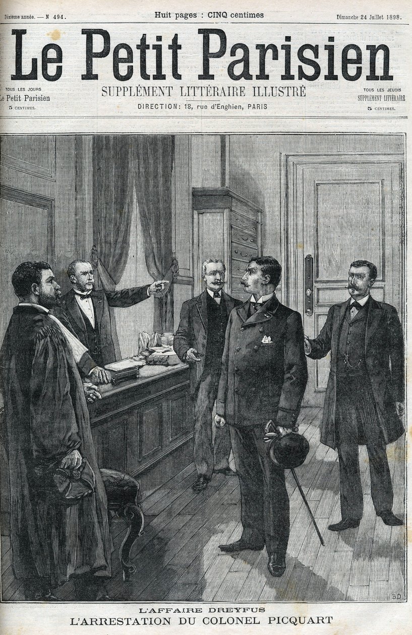 Dreyfus-fallet, 1898, arresteringen av överstelöjtnant Georges Picquart (1854-1914). I "le petit Parisien" från 1898. av Anonymous Anonymous