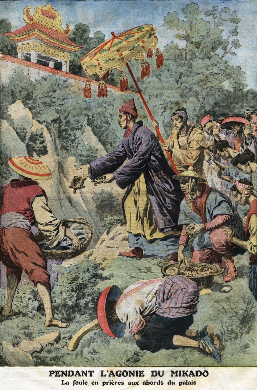 Under lidandet av Mikado (kejsaren av Japan) Meiji (1852-1912): folkmassan i böner nära palatset. Gravyr i "" Le petit Journal"", 1912-08-11. Privat samling. av Anonymous Anonymous