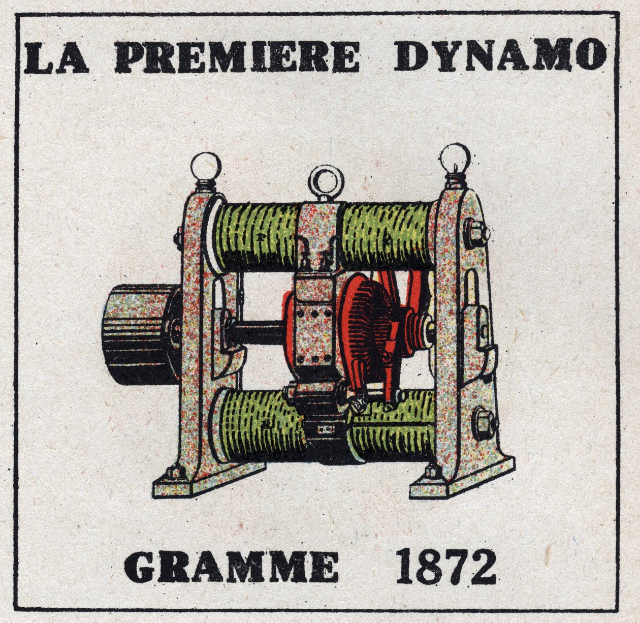 Dynamo: den första dynamo som uppfanns av Zenobe Theophile Gram (1826-1901) 1872. Anonym illustration från 1925. Privat samling. av Anonymous Anonymous