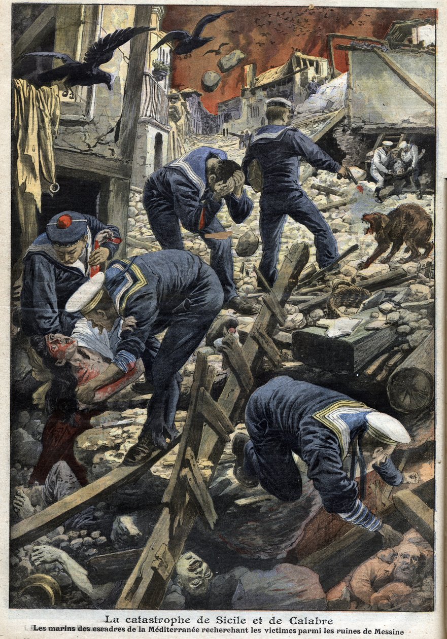 Jordbävning på Sicilien, Kalabrien 1909 - Katastrofen på Sicilien och Kalabrien (Jordbävning) - Medelhavets sjömän letar efter offer bland ruinerna av Messina - "" The Little Journal""" från januari 1909 av Anonymous Anonymous