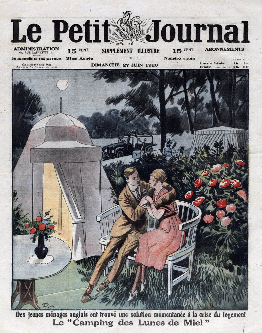 Ekonomi och inflation i England: gift par på en smekmånadscamping som skapades nära London för att svara på bostadskrisen. Omslag till "" Le petit journal""" av 1920-06-27. Privat samling av Anonymous Anonymous